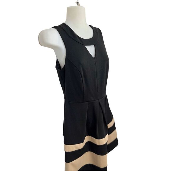 Sleeveless Cocktail Dress Fit & Flare Black Tan Stripes Size 3 Keyhole Neckline - Picture 3 of 9